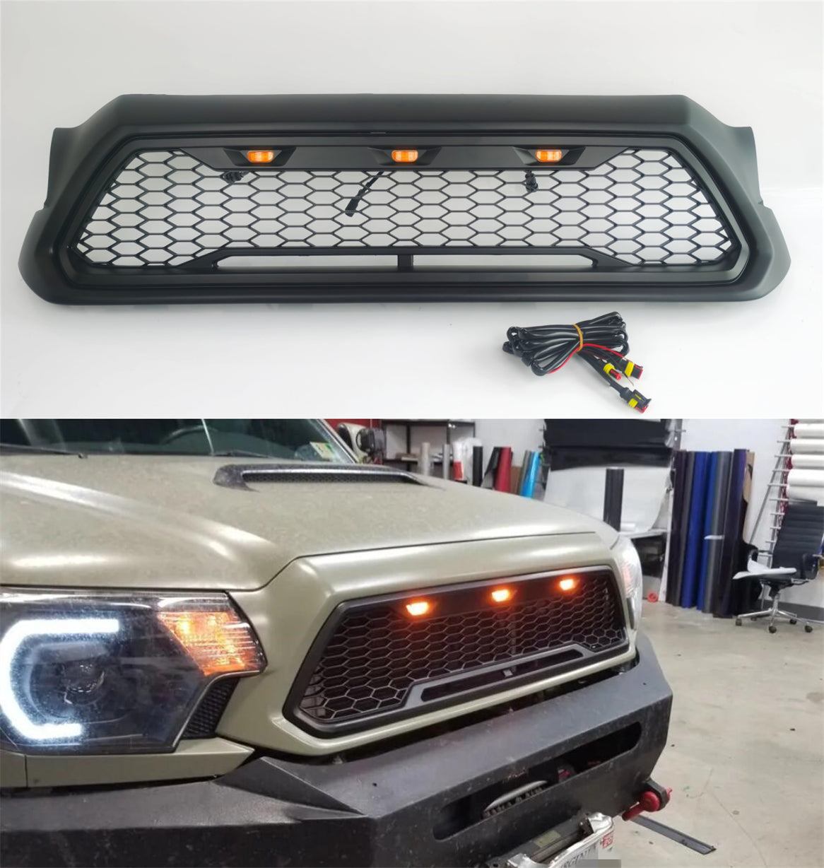 2012-2015 Tacoma Raptor Style Grille, 2nd Gen Tacoma Mesh Grille with 3LEDS Matte Black (US Stock)